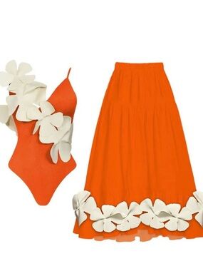 Orange Floral Appliqué Swimsuit & Skirt Set